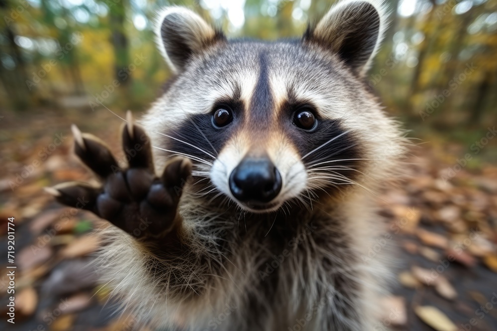 A raccoon stands on its hind legs in a wooded area, displaying its natural behavior.