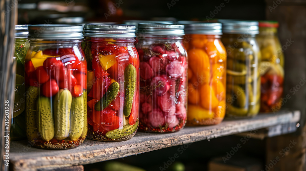 Assorted pickled vegetables in jars display a colorful and healthy choice. - obrazy, fototapety, plakaty 