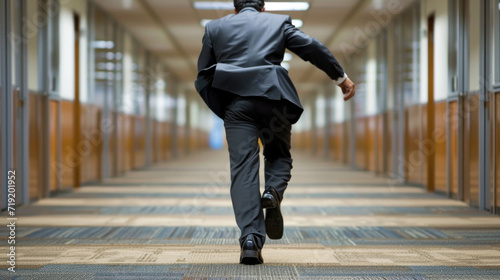 A man in a suit runs down an office corridor. photo