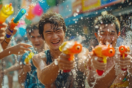 Asian male tourist and friends Playing in the water on Songkran Celebrate Songkran Festival Holding a colorful water gun with a fun water play on a street background in Thailand.