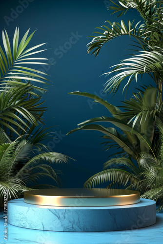 Blue gold podium stage stand tropical forest trees blue background for product placement 3d render 