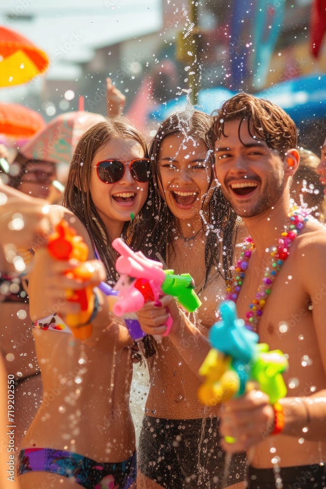 A group of tourists and foreign friends play in the water in Thailand on Songkran Celebrate Songkran Festival holding a colorful water gun. A group of tourists and foreign friends play in the water in Thailand on Songkran Celebrate Songkran Festival holding a colorful water gun.