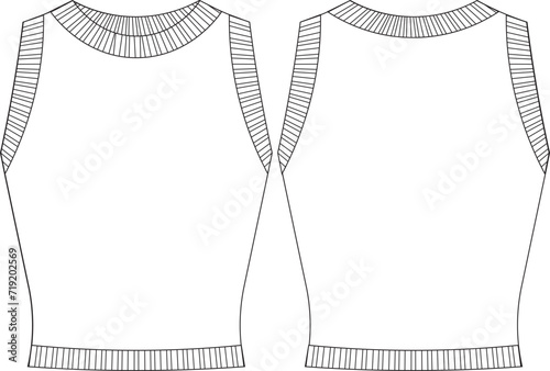 ribbed round neck crew neck sleeveless halter tank top blouse  template technical drawing flat sketch cad mockup fashion woman design style model
