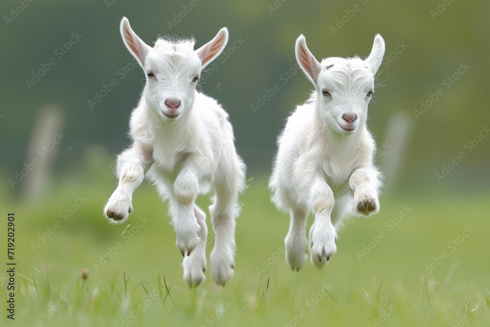 Obraz premium Baby goats jumping in a field