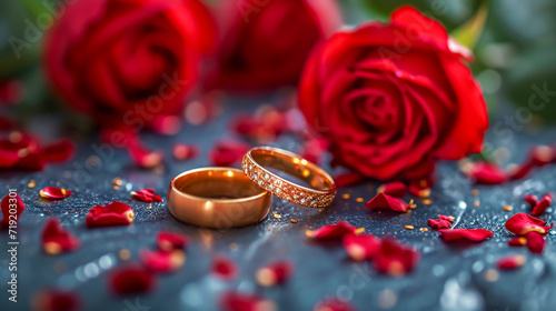 wedding rings and red roses on a dark wooden background.