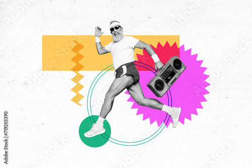 Artwork collage picture of active energetic sporty guy running holding radio isolated on drawing background