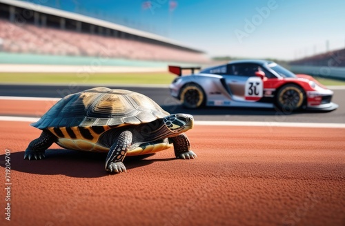 fast sportive race car versus slow turtle at racing track of stadium.