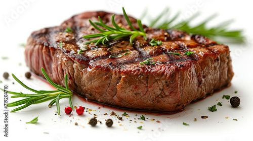 Grilled sliced Beef Steak with rosemary and peppercorns.