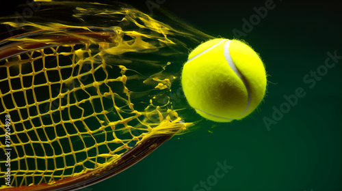  A tennis ball breaks a tennis net at high speed. AI Generated