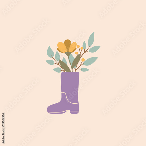Flowers in wellies boots. Isolated vector illustration. Easter holiday and spring concept