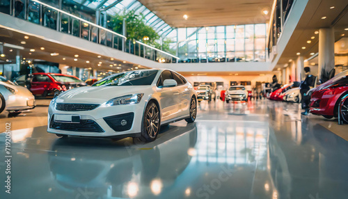 Blurred car parked in luxury showroom. Car dealership office. New car parked in modern showroom. Automobile leasing and insurance background. Auto leasing business. Electric vehicle. Reception area.