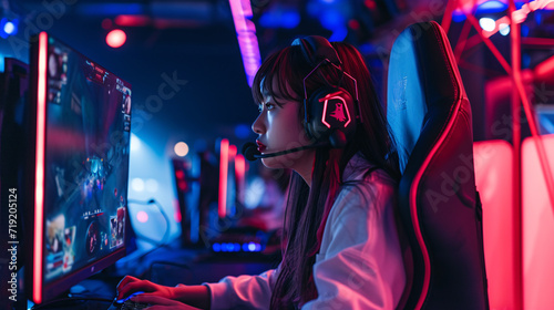 eSports competitive asian female gamer in the heat of intense gameplay
