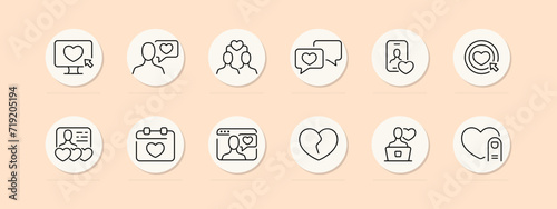 Dating site line icon set. Relationships, chatting, communication, correspondence, heart, valentine's day. Pastel color background. Vector line icon for business and advertising