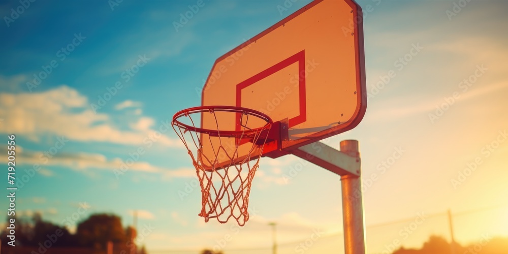 Basketball Hoop With Golden Sky at Sunset Background. Street Ball, Outdoor Game. Generative AI