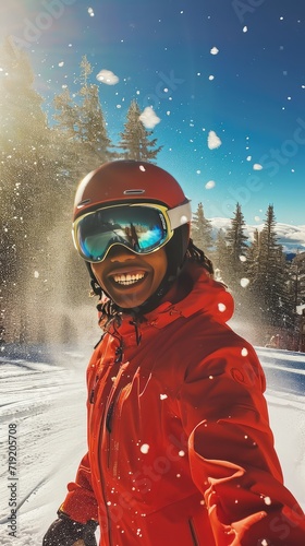 African American girl skiing at a resort in the mountains