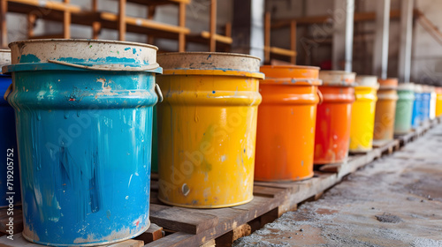Colorful paint cans in a row at an industrial facility
