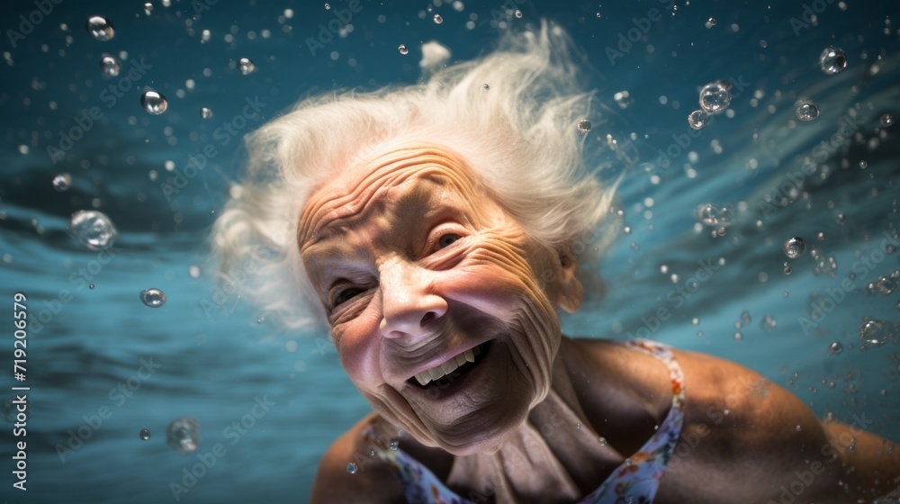 A happy smiling senior woman swimming underwater in the sea, pool. Retirement life, Leisure and entertainment concepts.
