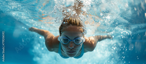 female athlete swims underwater in an olympic pool