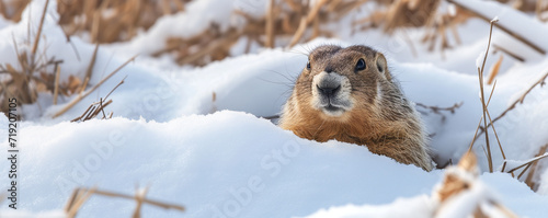 Groundhog Day Celebration: Cheerful Groundhog peaking out of the snow pile. Winter landscape background.  photo