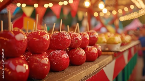 Vibrant fairground scene with fresh apples and festive decor.