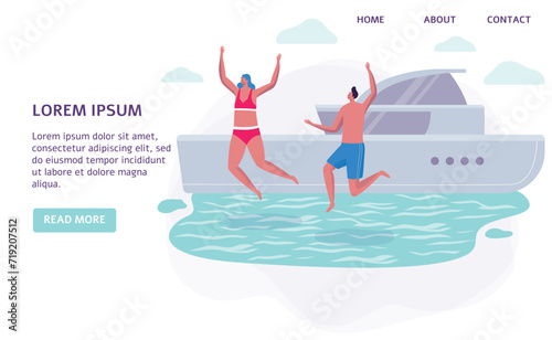 Joyful couple leaping into sea from yacht on sunny day. Friends enjoying luxury vacation jump off boat. Two people dive into water near large boat, excitement and freedom on holiday.