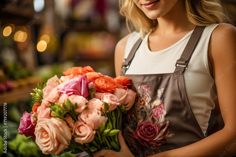 Florist in an Apron with Several Bouquets and Flowers in a Flower Store Modern Graphic Concept Greeting Card Wallpaper Digital Art Magazine Background Poster Florist in an Apron with Several Bouquets and Flowers in a Flower Store Modern Graphic Concept Greeting Card Wallpaper Digital Art Magazine Background Poster