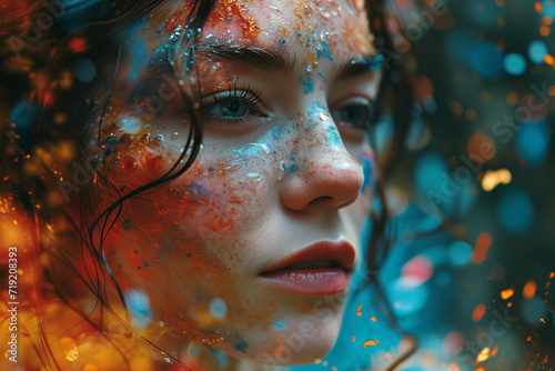 Artistic portrait of a woman embellished with vibrant paint splashes