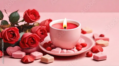 Valentine s Day concept. Top view photo of red roses heart shaped candles and saucer with chocolate candies on isolated pastel pink background with copyspace