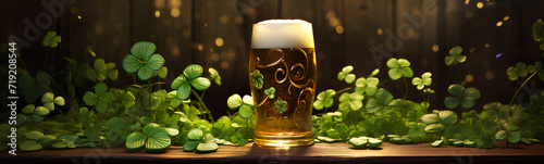 A glass of beer with clovers. St. Patrick's Day celebration. photo