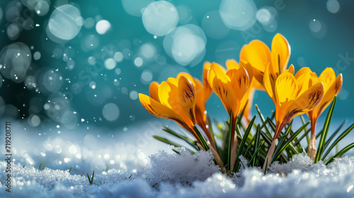 Crocuses yellow grow in the garden under the snow on a spring sunny day.  © imlane