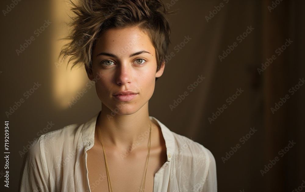 Woman With Messy Hair Standing in Dark Room Woman With Messy Hair Standing in Dark Room