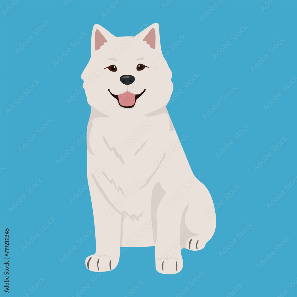 Samoyed dog vector illustration. Cute friendly dog, isolated on blue background. Great for icon, symbol, card, children's book, pet shop