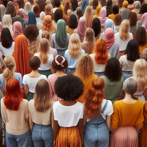 Back view of many diverse women of different ages, nationalities and religions come together. Women\'s empowerment.
