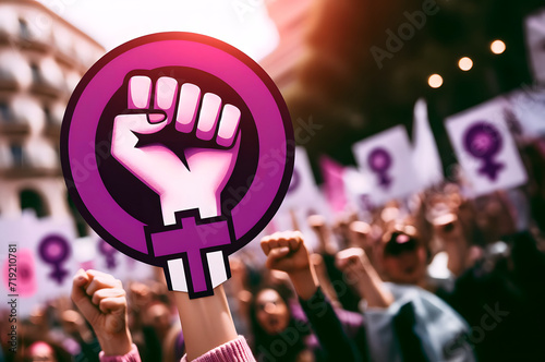 Demonstration on the day of the working woman, fight for equal rights for women, in black and purple tones.