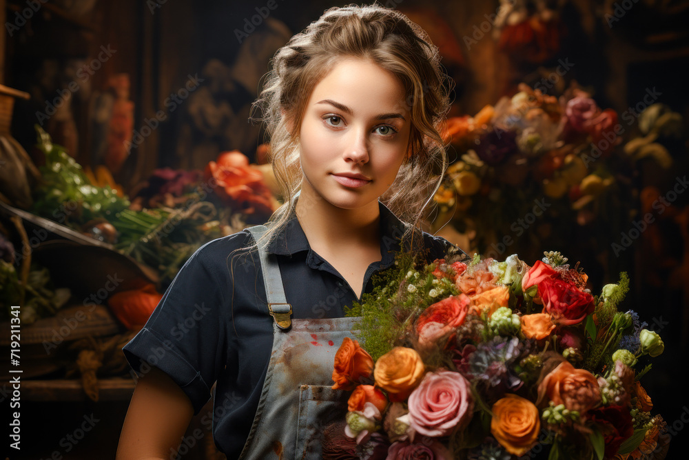 Florist in an Apron with Several Bouquets and Flowers in a Flower Store Modern Graphic Concept Greeting Card Wallpaper Digital Art Magazine Background Poster