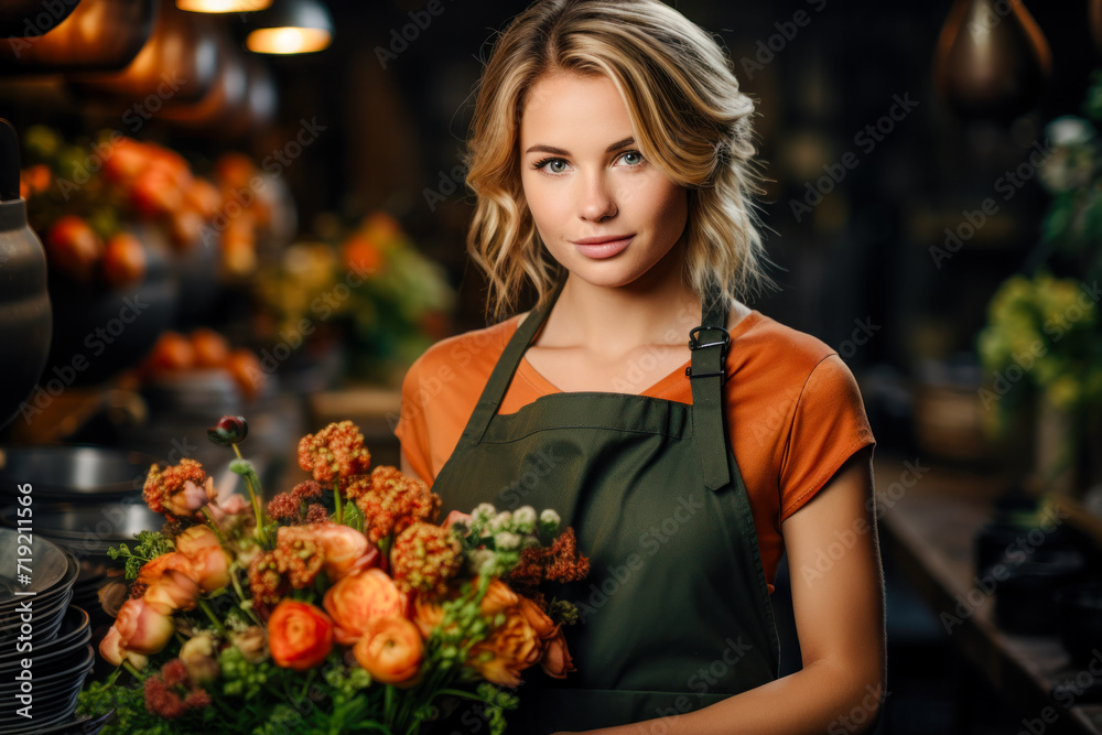 Florist in an Apron with Several Bouquets and Flowers in a Flower Store Modern Graphic Concept Greeting Card Wallpaper Digital Art Magazine Background Poster