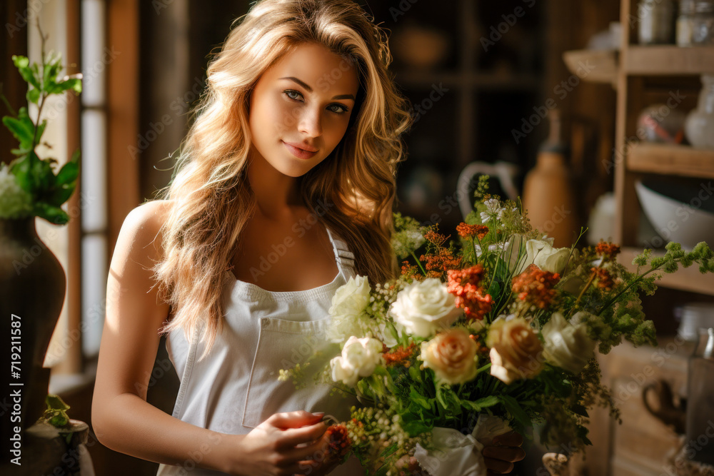 Florist in an Apron with Several Bouquets and Flowers in a Flower Store Modern Graphic Concept Greeting Card Wallpaper Digital Art Magazine Background Poster Florist in an Apron with Several Bouquets and Flowers in a Flower Store Modern Graphic Concept Greeting Card Wallpaper Digital Art Magazine Background Poster