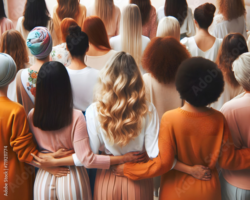 Back view of many diverse women of different ages, nationalities and religions come together. Women's empowerment. photo