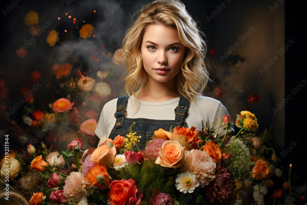 Florist in an Apron with Several Bouquets and Flowers in a Flower Store Modern Graphic Concept Greeting Card Wallpaper Digital Art Magazine Background Poster