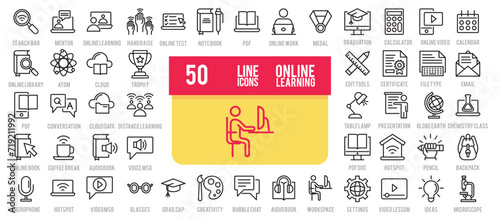 Online learning icons set. Containing video tuition, e-learning, online course, audio course, educational website and digital education icons. outline icons collection.
