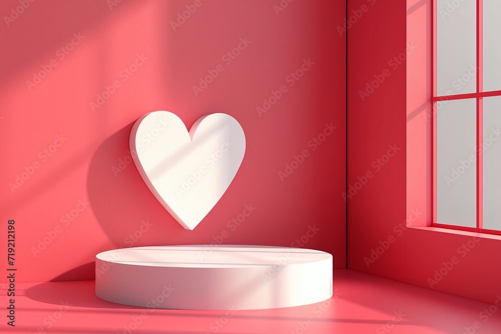 Realistic red and white 3D cylinder pedestal podium with window heart shape background. Valentine minimal scene for products showcase, Promotion display. 