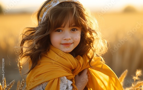 Little Girl Wearing Yellow Scarf in Wheat Field