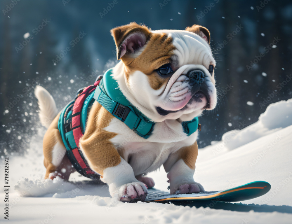 Bulldogge auf einem Snowboard