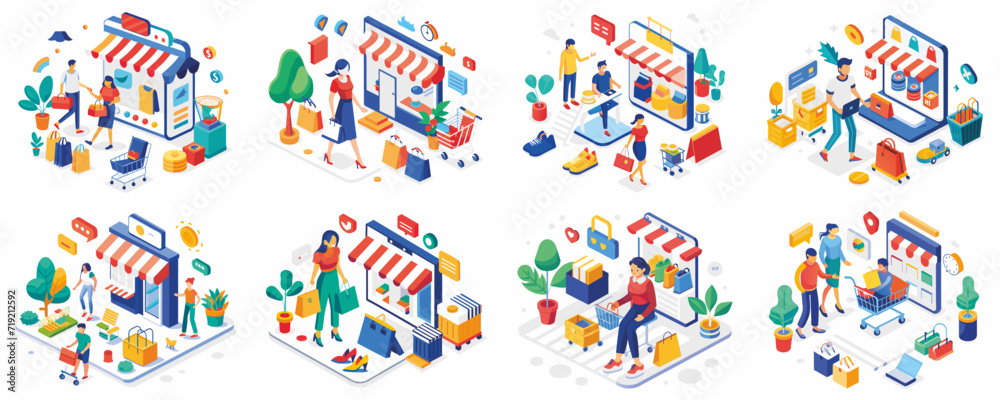 E-commerce concept illustration, collection of male and female business people scenes in the e-commerce scene. mega set flat vector modern illustration