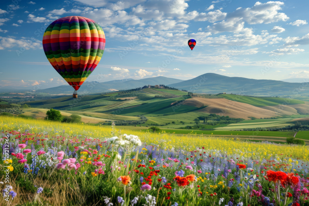 Fototapeta premium Elegant multi-color rural fields with flowers. Over field the huge air balloon flies.