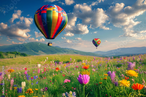 Elegant multi-color rural fields with flowers. Over field the huge air balloon flies.
