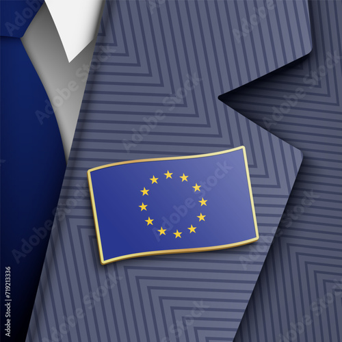 EU official dressed in a blue suit and tie, wearing EU flag lapel pin, vector illustration.