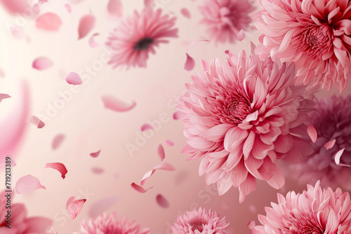 3d background with realistic pink chrysanthemum flowers and falling petals. 