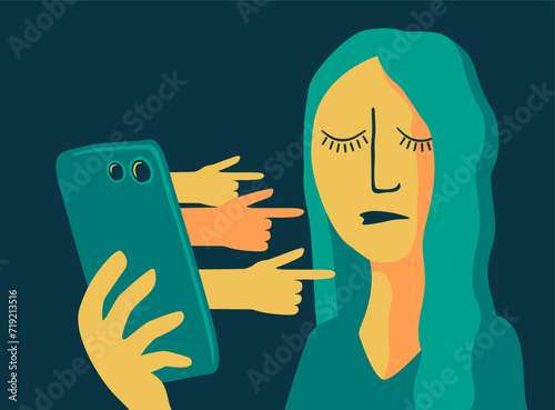 Social bullying doodle - sad woman with phone photo