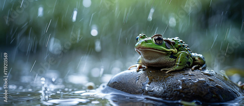 green toad sits on a stone in the pouring rain